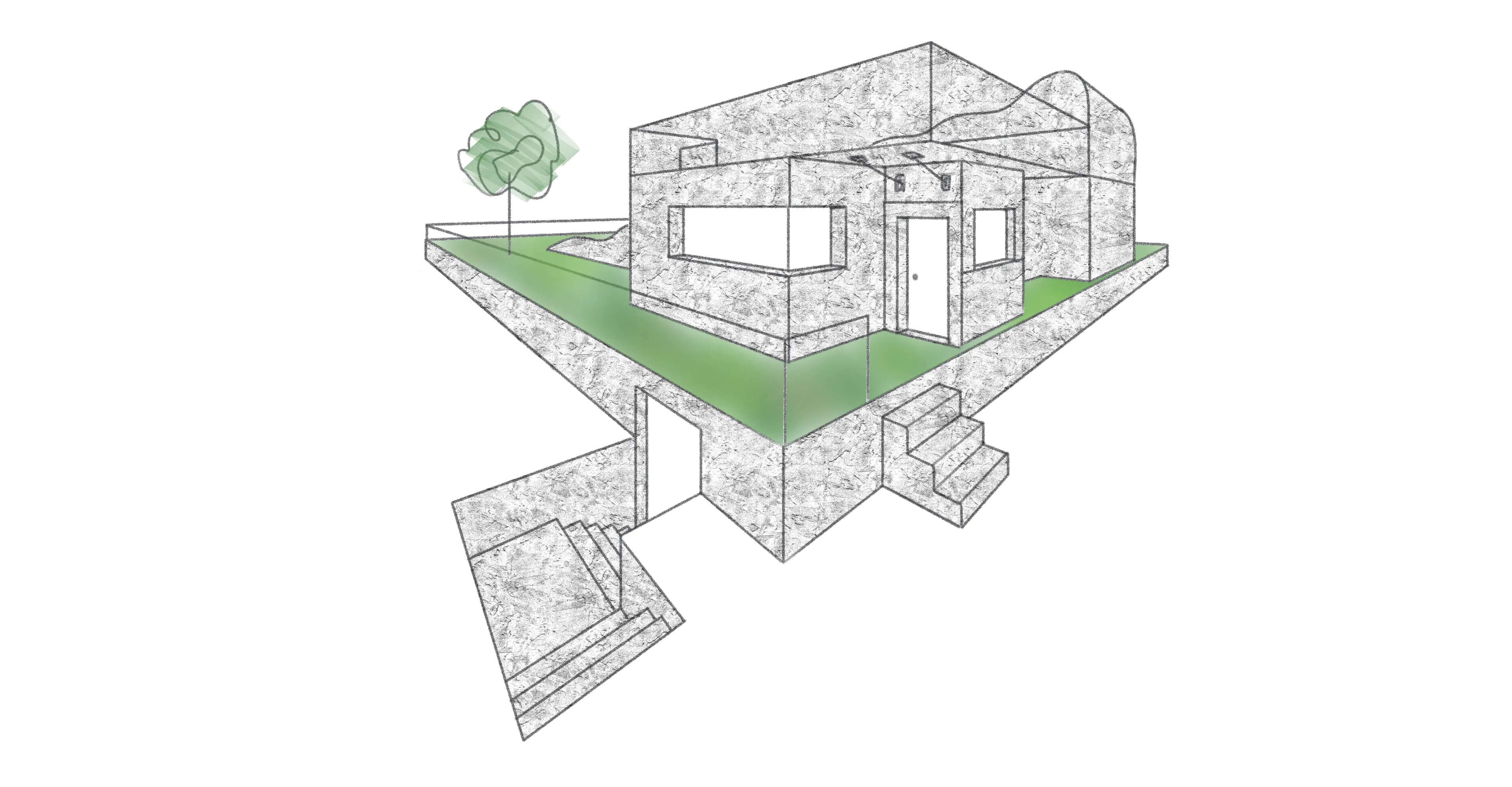 Übung: Ein Haus konstruiert: mit Einbuchtungen, Ausbuchtungen, einer Tür, Fenster, Treppe